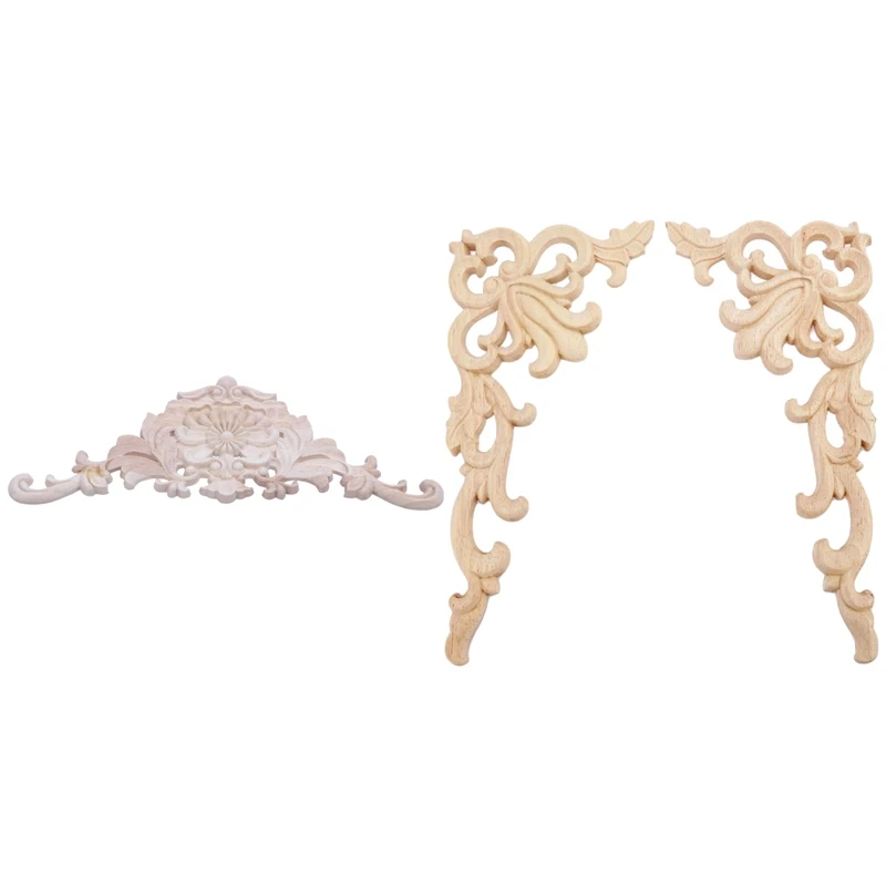 

1X Rubber Wood Carved Applique 38 X 15 X 1.2Cm & 4Pcs European Floral Craft Furniture Carved Applique Wood Frame