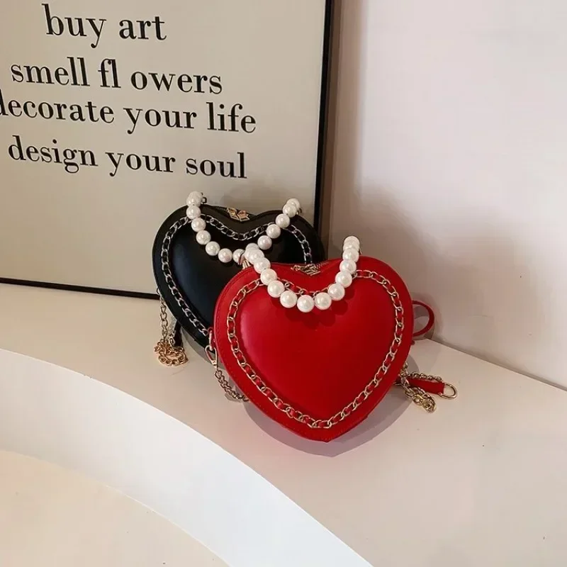 Top Selling Exquisite Single Shoulder Women's Bag New Heart-shaped Bead Shoe Bag with High Texture Bride Red Chain
