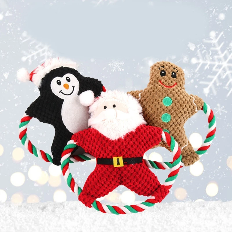 

Stuffed Dog Plush Squeak Rope Toy Santa Penguin Gingerbread Man Chew