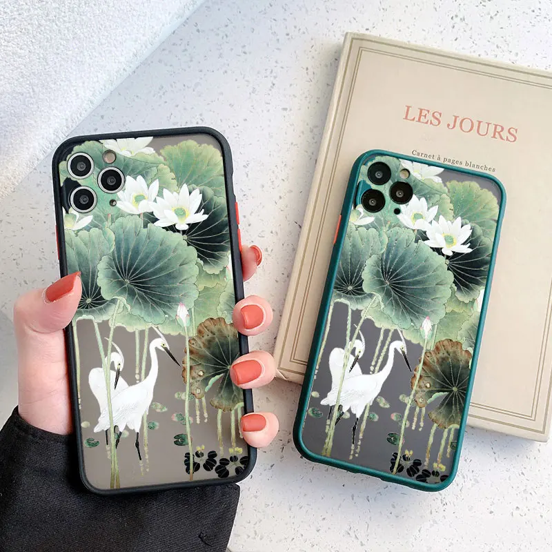 Lotus Pink White Flowers Green Leaf White Crane Phone Case Per Iphone 11 13 12 14 15 Pro Max 7 8 Plus Se2 Xr Xs Cover Protettiva