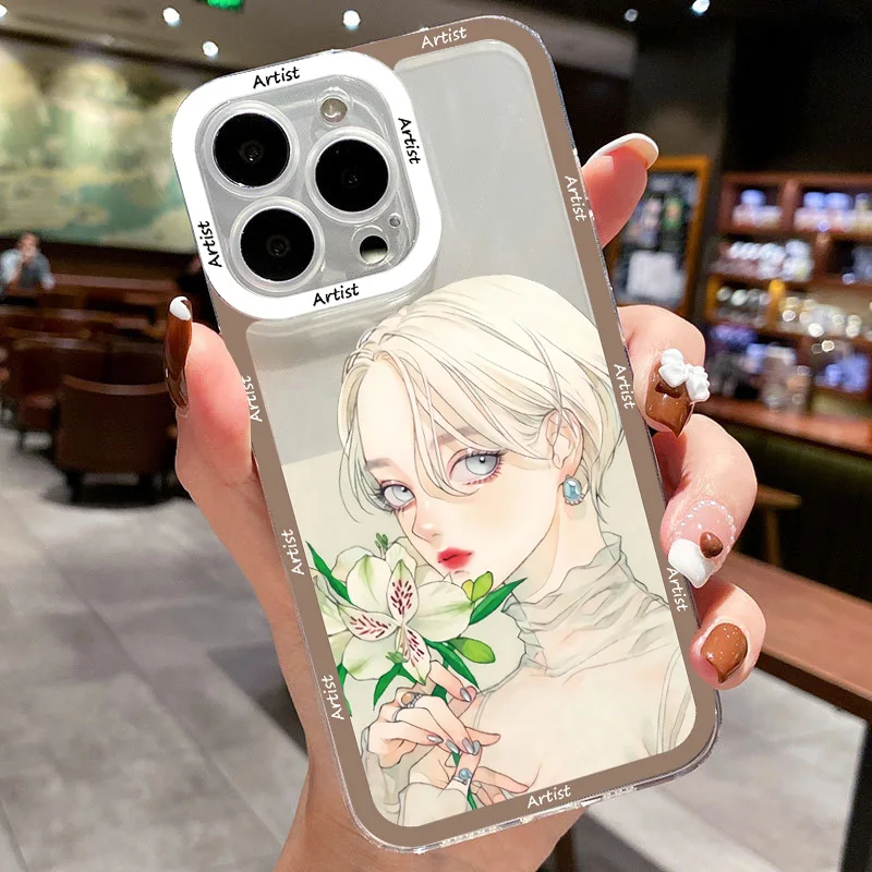 

Fashion Beautiful Girl Pattern Clear Case For iPhone 14 13 12 11 Pro Max 7 8 Plus SE2 Fresh girl Phone Cover For iPhone X XR XS