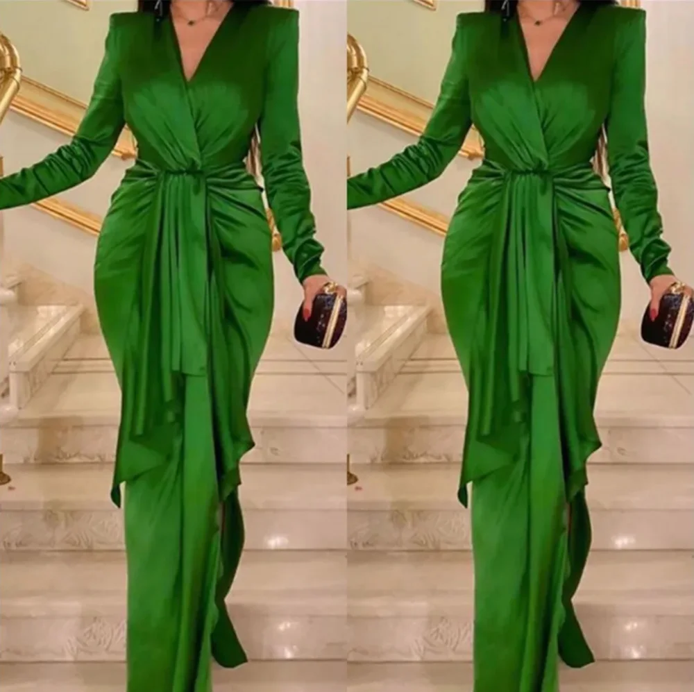 

Green V-Neck Straight Prom Party Gown Long Sleeve Floor-Length Satin long Zipper Split Plus Size Custom