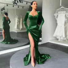 

Vintage Fall Winter Velvet Green Slit Evening Dresses Classic Sexy Square Collars Gloves Cocktail Gowns Slim Long Celebrity Robe