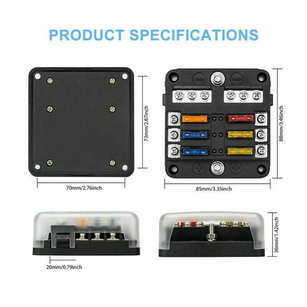 LED 표시기 포함 6 방향 방수 퓨즈 블록, 네거티브 해양 퓨즈 박스 포함, DC 12 V, 24V 자동차 보트 RV 트럭용, 12 회로