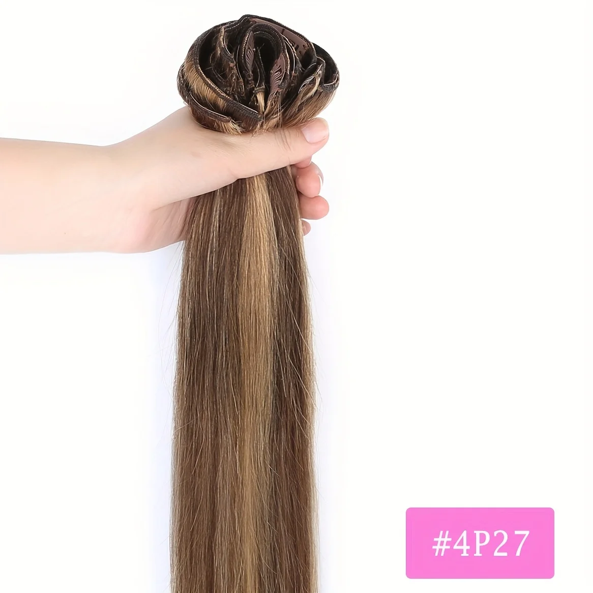 #4p27 Color Clip in Hair Extensions 8pcs Double Weft Human Hair Full Head Extensions 18 Clips 10"-24"For Women