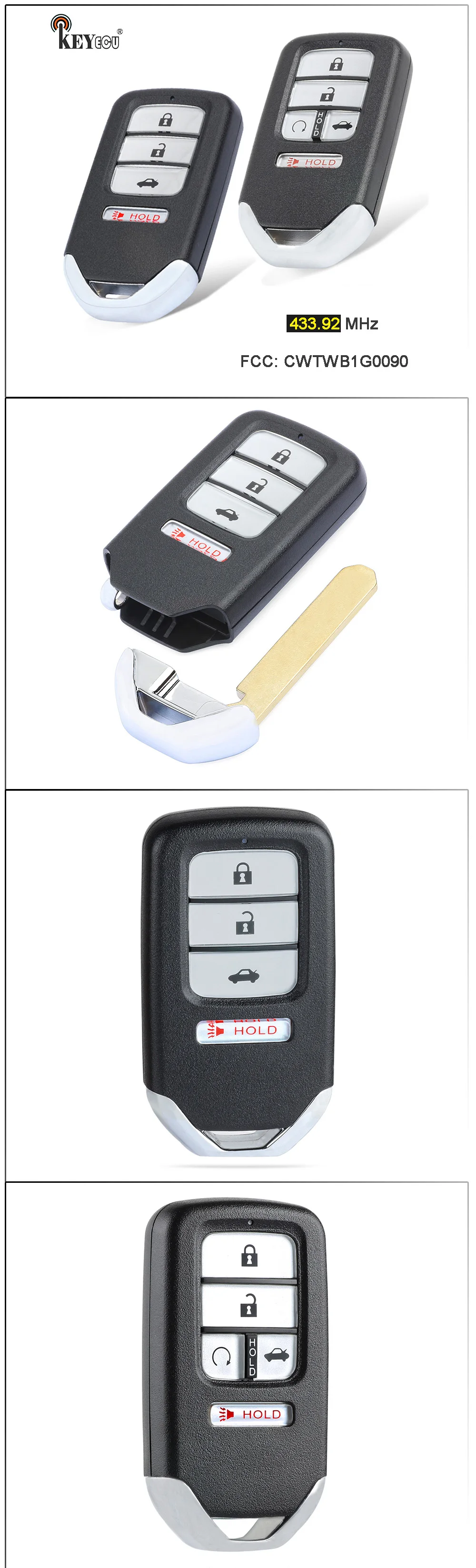 Keyforkess 433.92MHz 4A ID FCC: CWTWB1G0090 sostituzione 4 portachiavi telecomando a 5 pulsanti per Honda Accord 2018 2019 2020 2021 - S5b8cc77471ba459eb789faedcae2cc45s