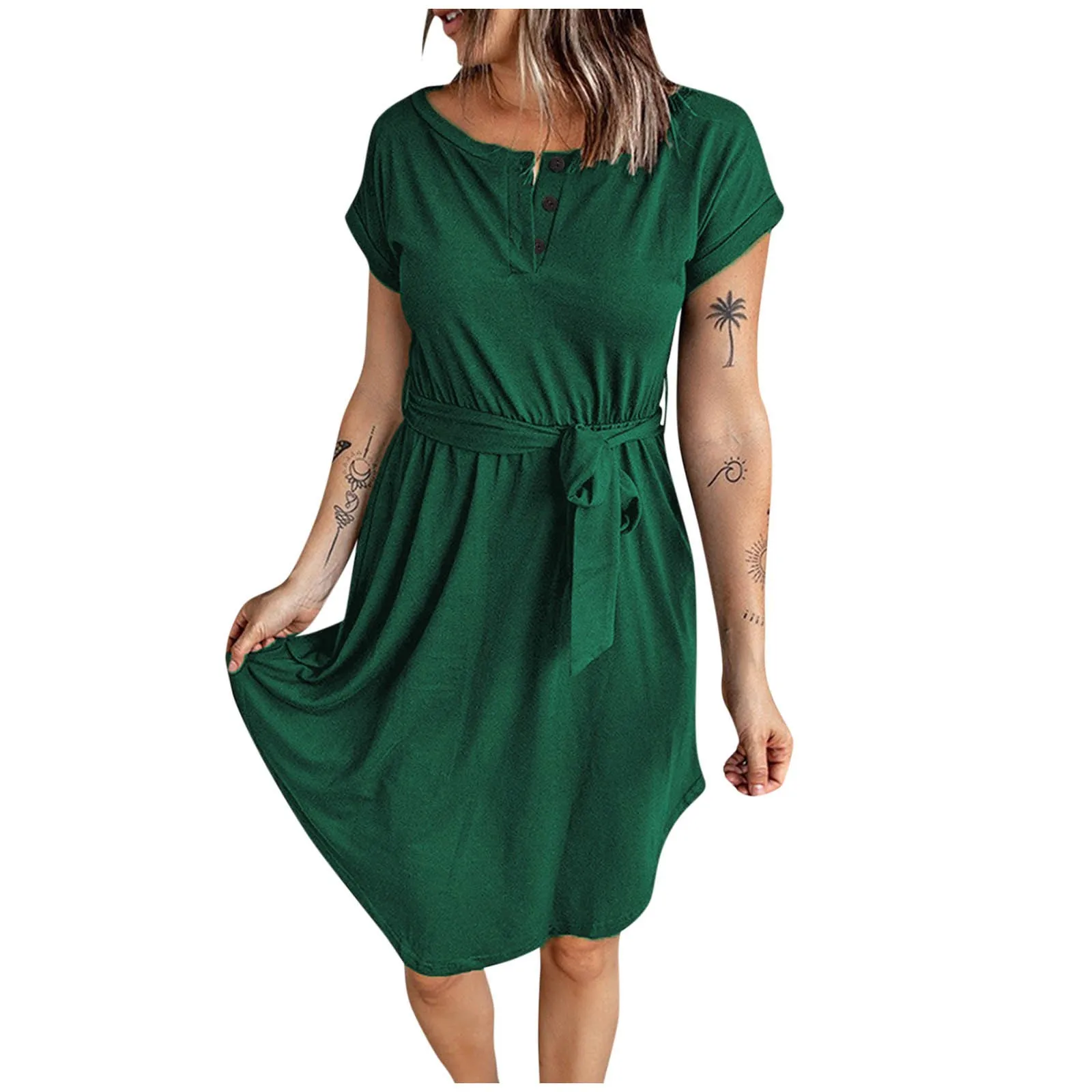 

2024 Women Fashion Elegant Lace Up A Line Midi Dress Office Lady Chic Button Dress Vestidos Casual Daily Asymmetrical Hem Dress