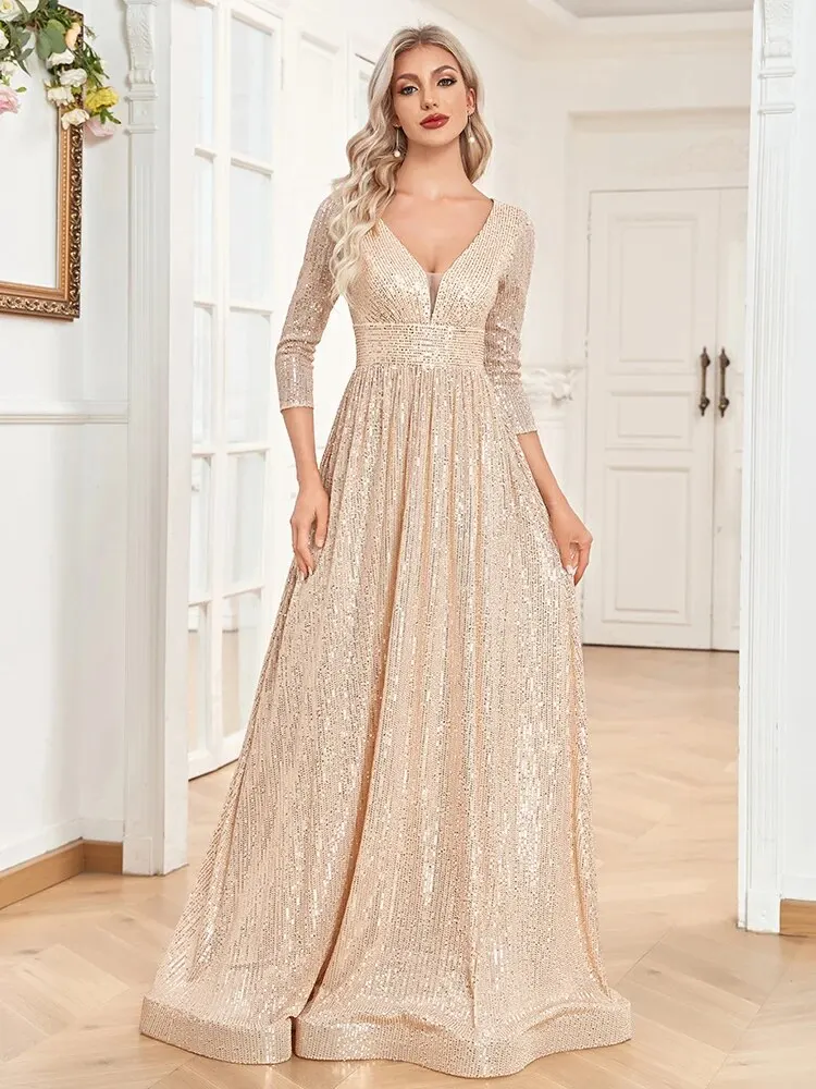 Prom Dress V Neck Long Sleeve Formal Evening Gown Sequin Wedding Party Prom Long Cocktail Dress