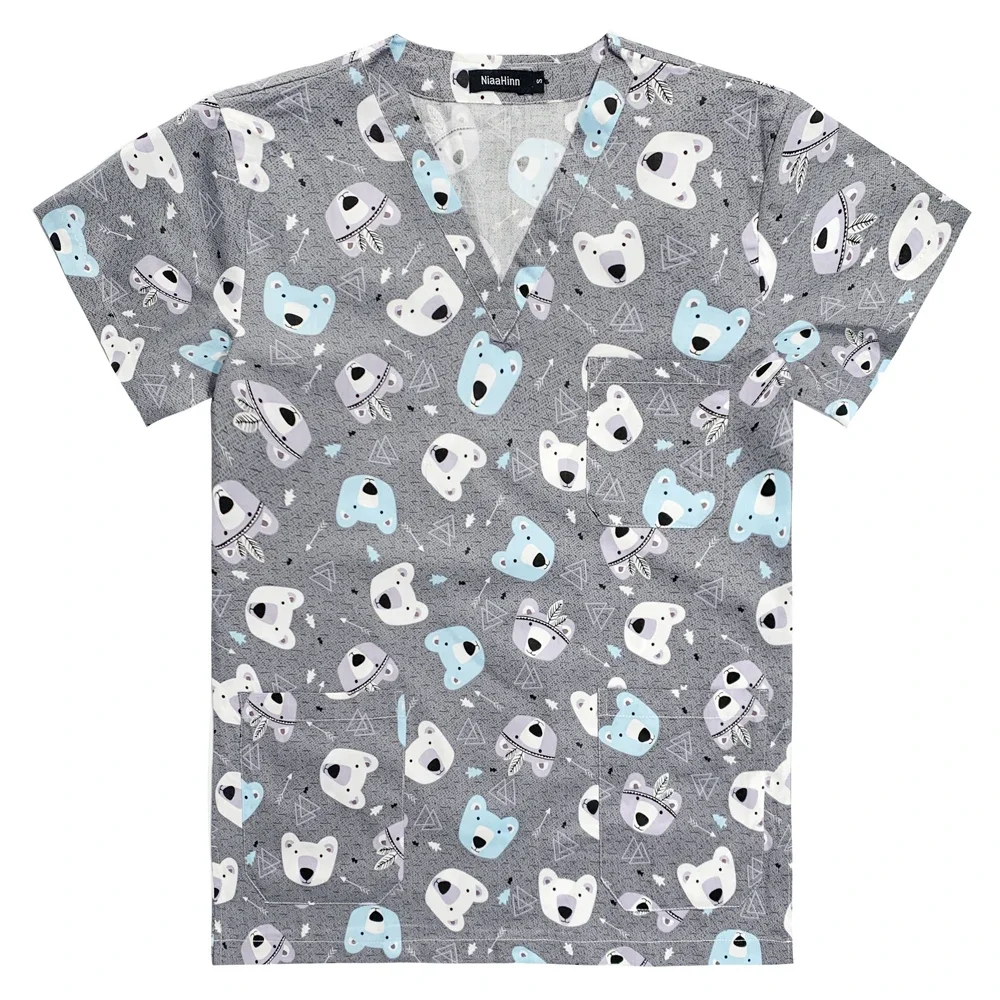 Men and Women Cartoon Clinic Pharmacist Summer Short Sleeve High Quality Veterinary Cleaning Uniform Top V Neck Fashion Work Top