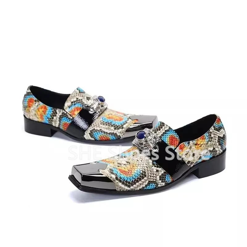 Fashion Print Mixed Color Loafers for Men British Style Metal Square Toe Chunky Heel Slip-On Shallow Oxfords Male Dress Shoes