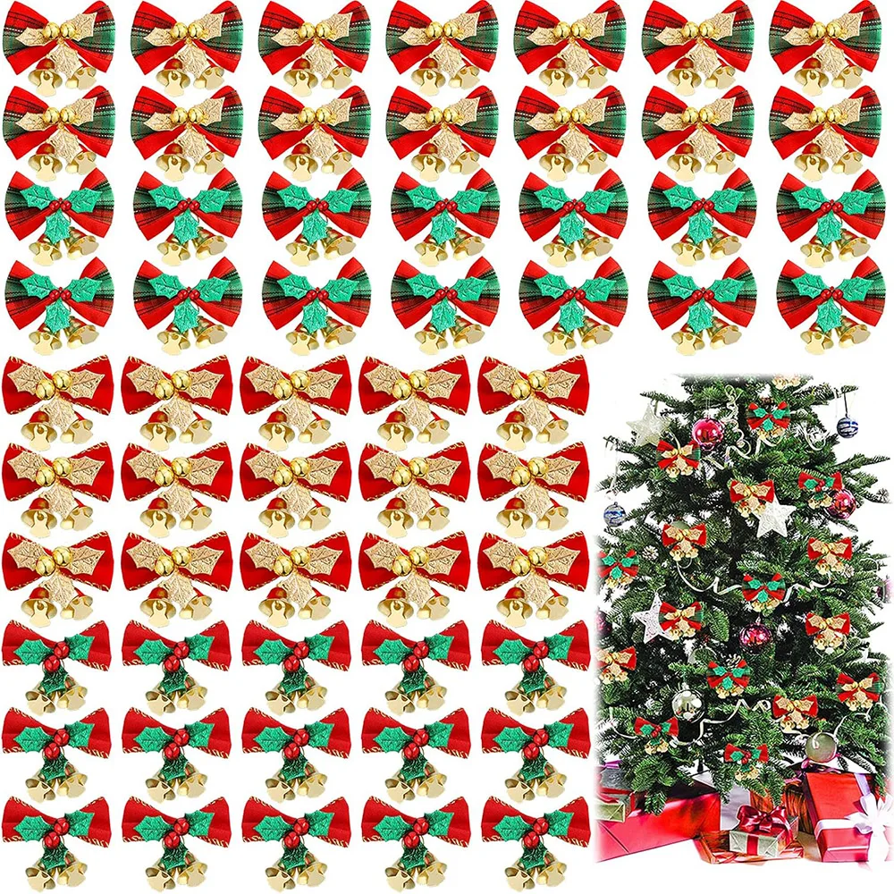 

40/60/80/100/200 Pcs Christmas Bow with Bell Christmas Mini Bowknot Ornament Craft Gift Bow Christmas Tree Wreath Hanging Decor