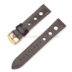 Vintage Leather Breathable Watch Strap - 20mm/22mm Cowhide Sport Bracelet - 22mm (Dark Brown - Gold)