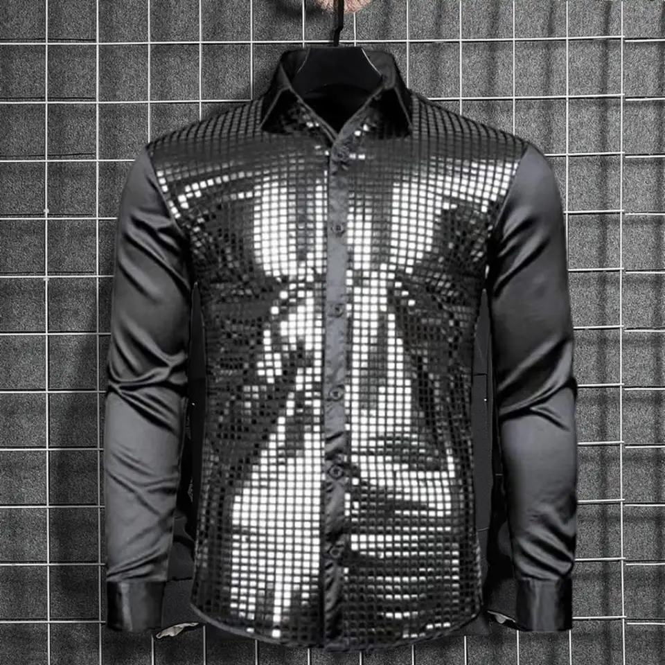 green emerald velvet dress Men's Button Up Luxury Shiny Tuxedo Party Costume Long Sleeve Dress Sh –  Atlanl main image 1