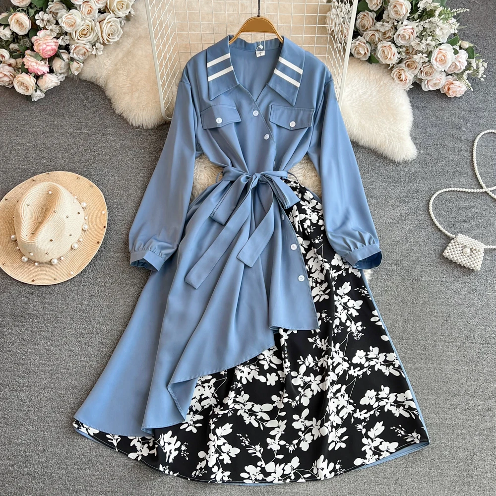 

Clothland Women Vintage Floral Patchwork Shirt Dress Sashes Turn Down Collar Long Sleeve Spliced Retro Midi Dresses Mujer QD161