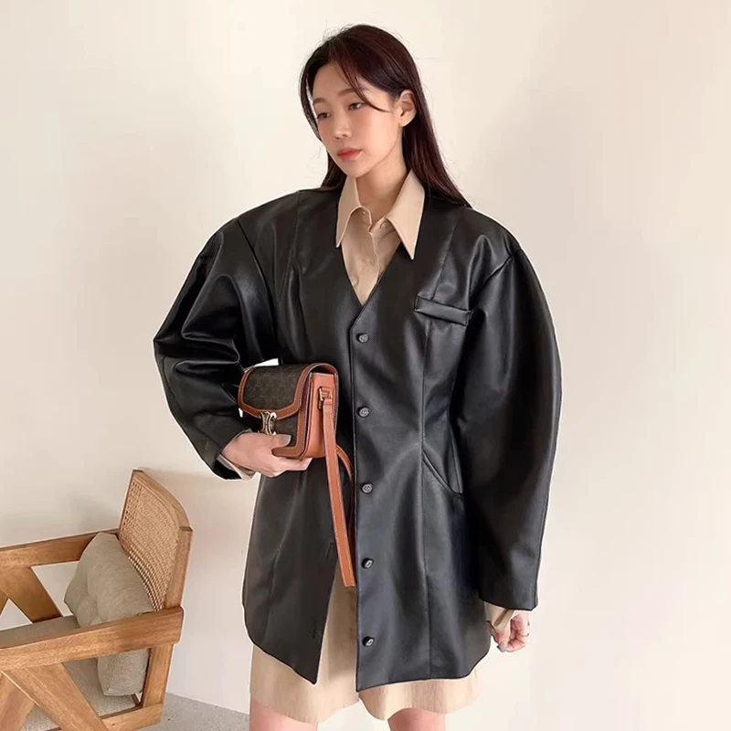 

SuperAen Korean Chic Autumn Retro Fashion V-neck Single Breasted Big Pocket Loose PU Leather Jacket for Women