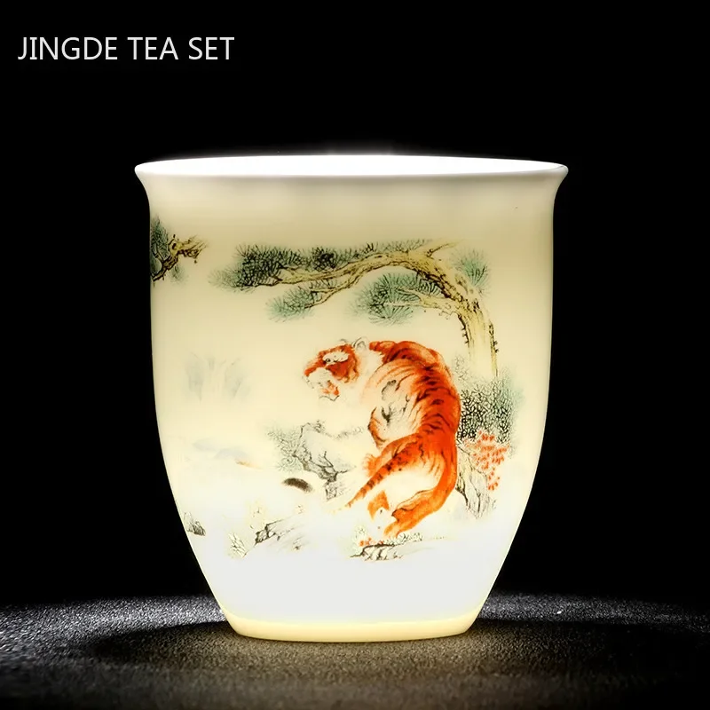 New Suet Jade Ceramic Tea Cup Zodiac Tiger Tea Cup Master Cup White Porcelain Tea Set Household Boutique Tea Bowl Drinkware