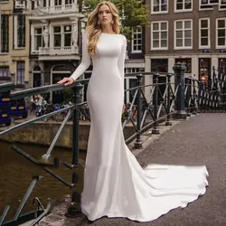Vestido De Noiva Mermaid Wedding Dresses Long Sleeves Sexy Backless With Lace Appliqued Satin Bridal Gowns Buttons Sweep Train