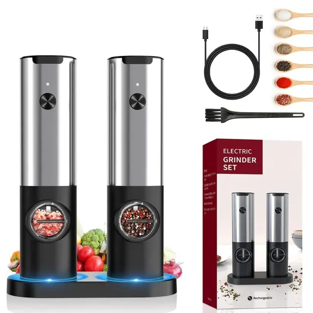 Electric Salt and Pepper Grinder Set with Charging Base LED Light Automatic Pepper Mill One Hand Operation Kitchen Appliances