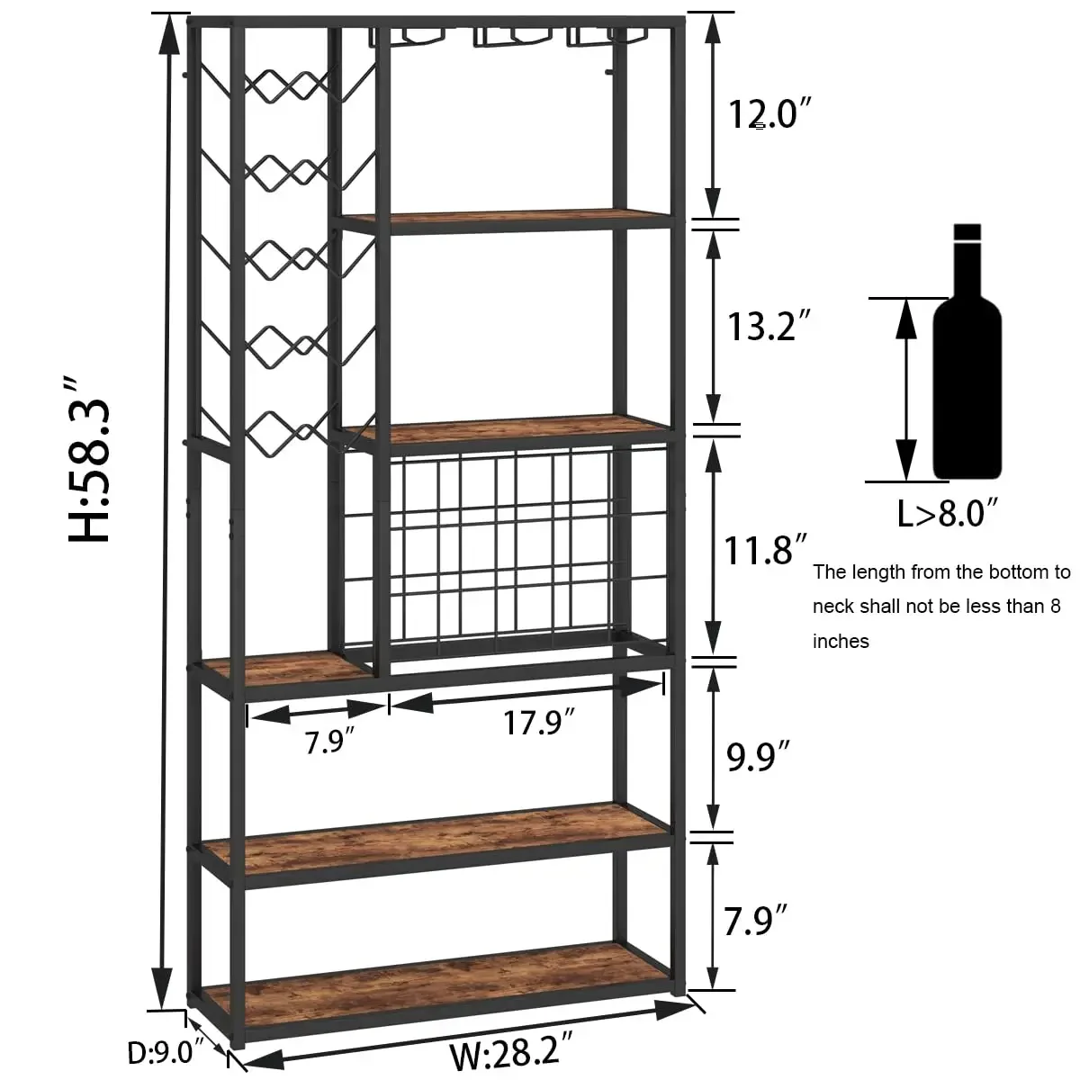 Home Kitchen Dining Room 5 Tier Industrial Liquor Cabinet Farmhouse Metal Coffee Bar Cabinet Tall Wine Bar