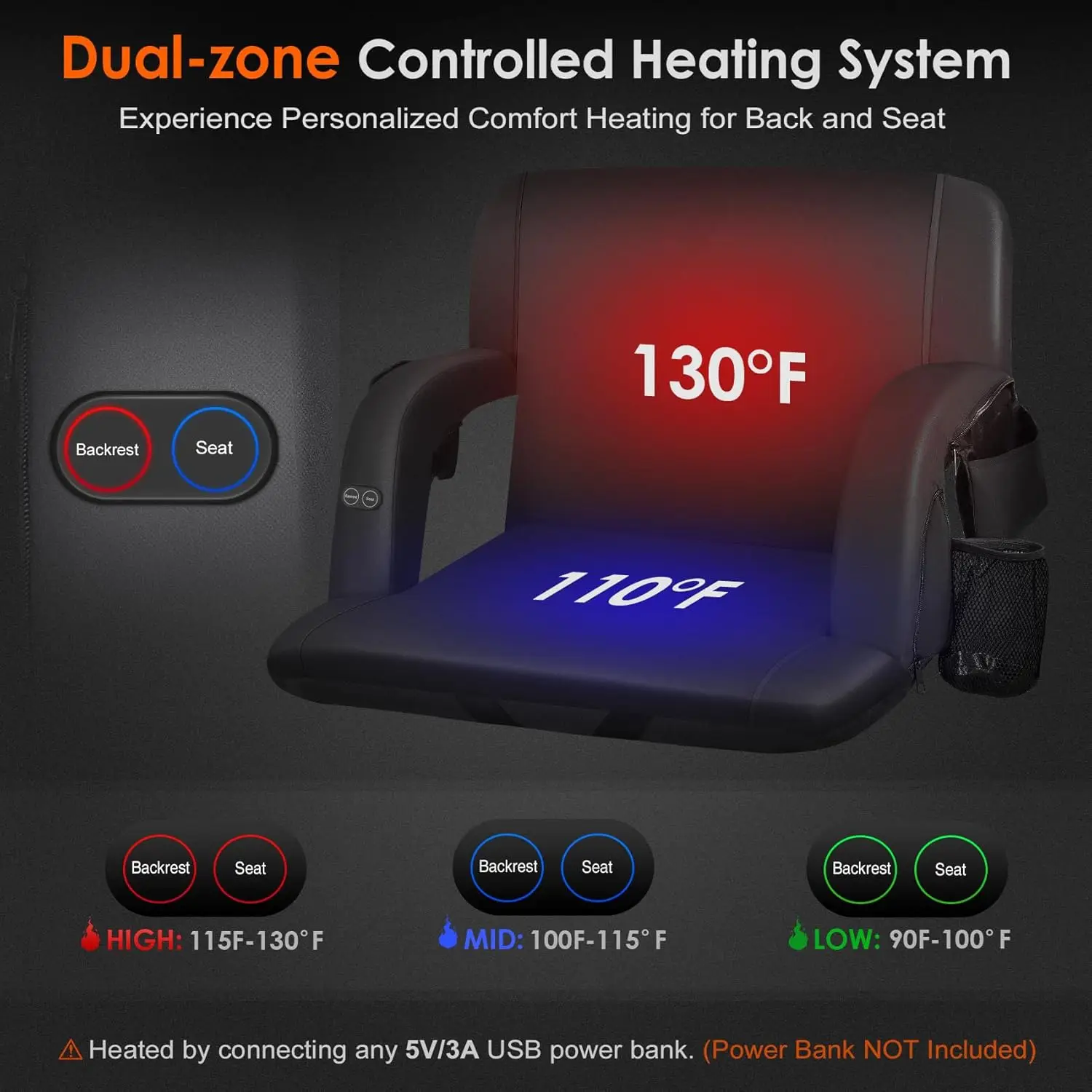 Heated stadium seat back and cushion