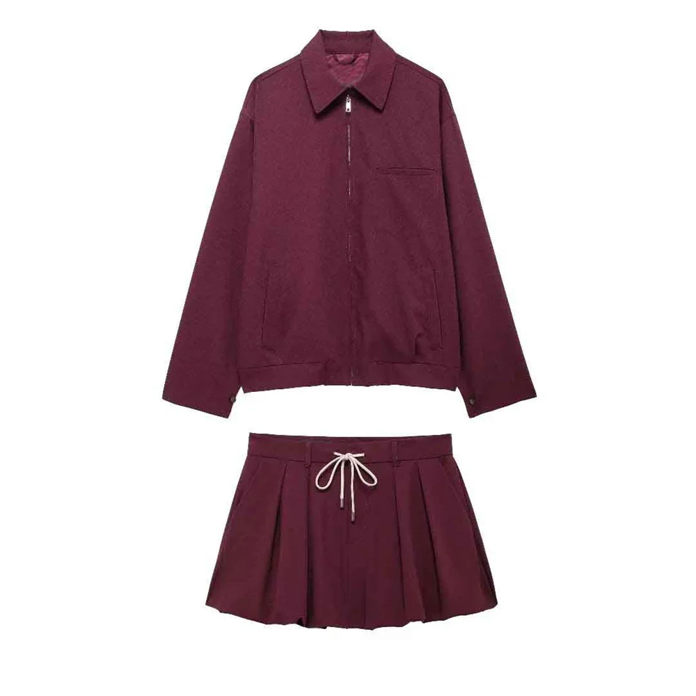 UNIZERA 2024 Autumn New Product Fashion Casual Women's Zipper Pocket Decoration Jacket Coat Lantern Mini Skirt Set 2