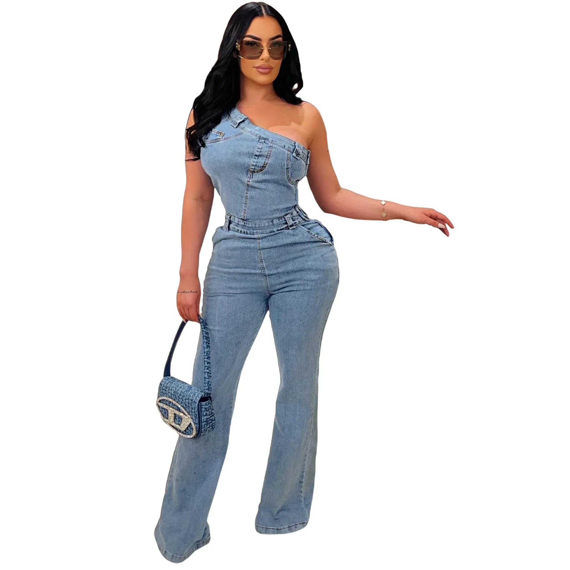 Women Skew Collar Sleeveless Cargo Flare Denim Jumpsuits Washed Oufits Street Club One Piece Jeans Rompers 2024 Summer