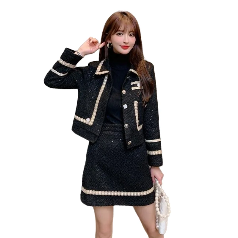 

Temperament Retro Lapel Tweed Jacket Short Black Cardigan Top Slim Wrap Hip Black Mini Skirt Fashion Dress Matching Sets 2piece