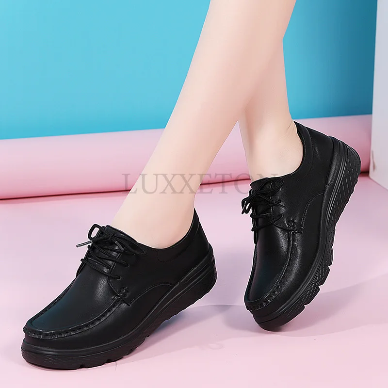 Women Walking Shoes Loafers Wedge Heels Slip Ons Thick Soles Versatile and Comfortable Nurse Work Shoes White 4