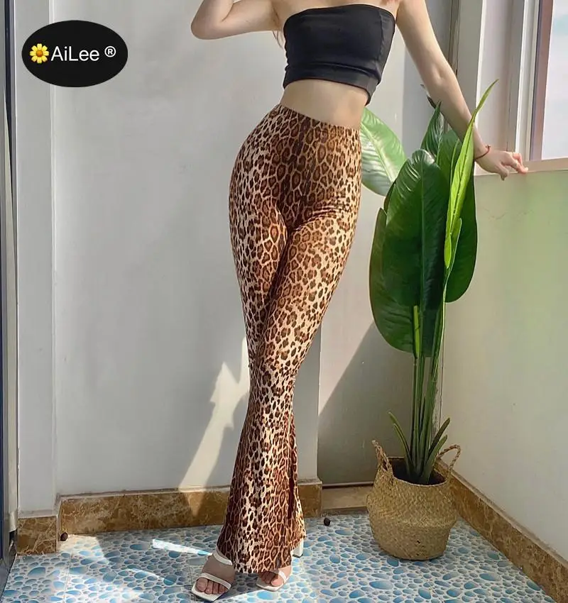 

Summer Autumn Leopard Elegant Female Lady Women's Palazzo Flared Wide Killer Legs Pants High Waist OL Ladies Punk Long Trousers