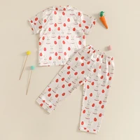 Adorable Toddler Easter Pajama Set with Bunny and Chick Print Short Sleeve Button-up Tops and Long Pants 2 Piece Sleepwear 1