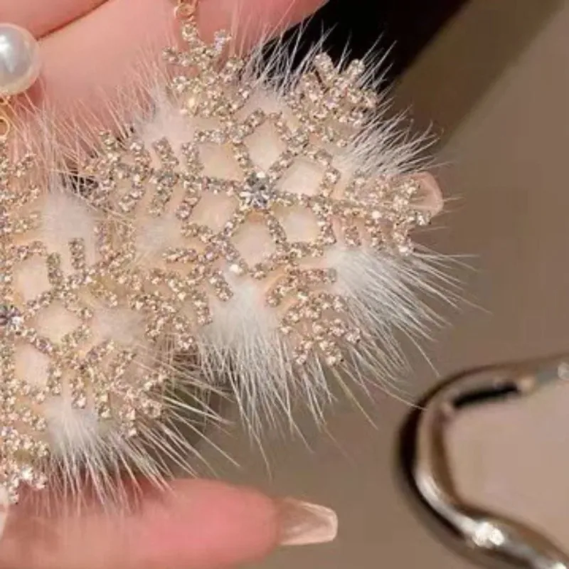 Sparkling Snowflake Pendant Earrings, Elegant Winter Pearls, Women's Fashion Jewelry, Christmas Plush Creativity Versatile