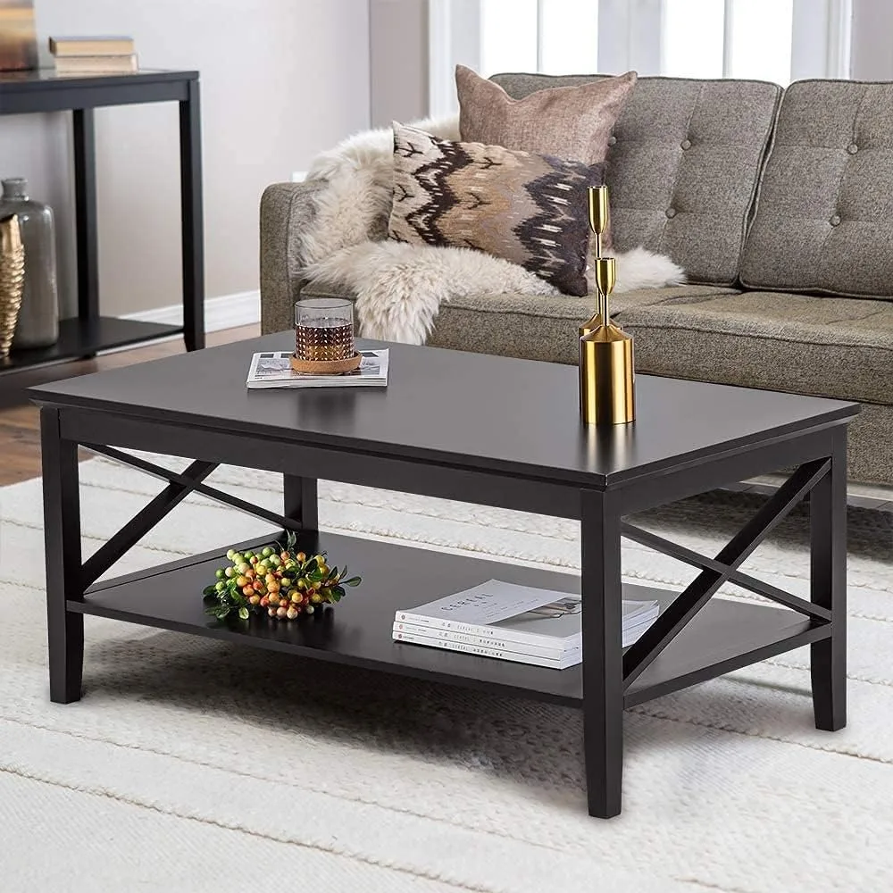 

Coffee Table Classic X Design for Living Room Rectangular Modern Cocktail Table With Storage Shelf Furniture Dining Tables Café
