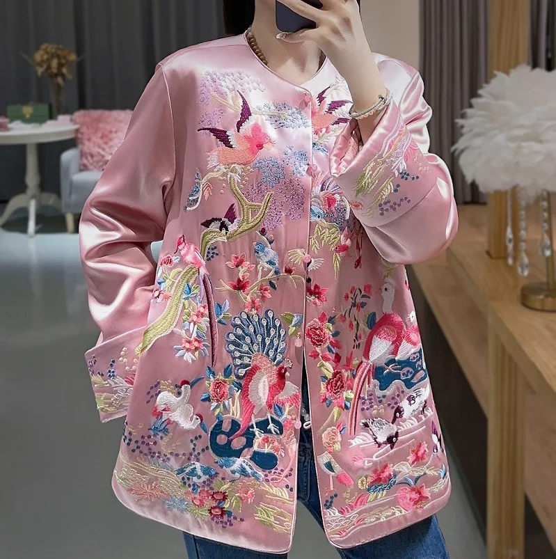 

High-end Winter Women Jacket Top Chinese Style Embroidery Elegant Lady Acetate Coat Hanfu Female S-XXL