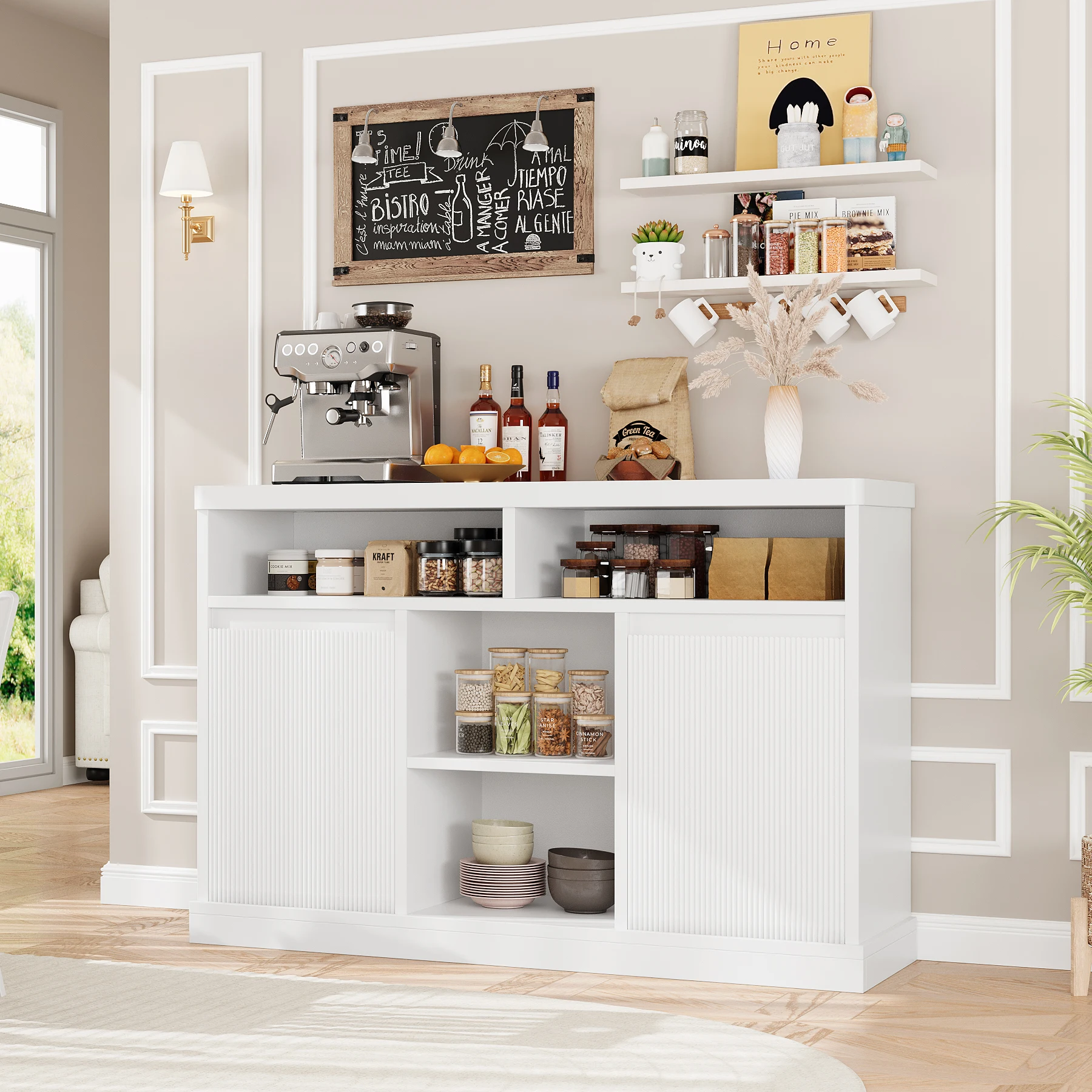 Sideboard Buffet Storage Cabinet with Fluted Doors, White Modern 47" Coffee Bar Cabinet for Living Room, Dining Room, Kitchen