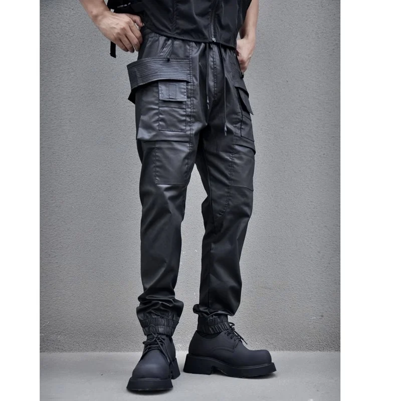 

Autumn And Winter Dark Wind Coated Waxy Double Ring Pants multi-pocket Cargo Pants men's Straight Leg Casual Pants Trend