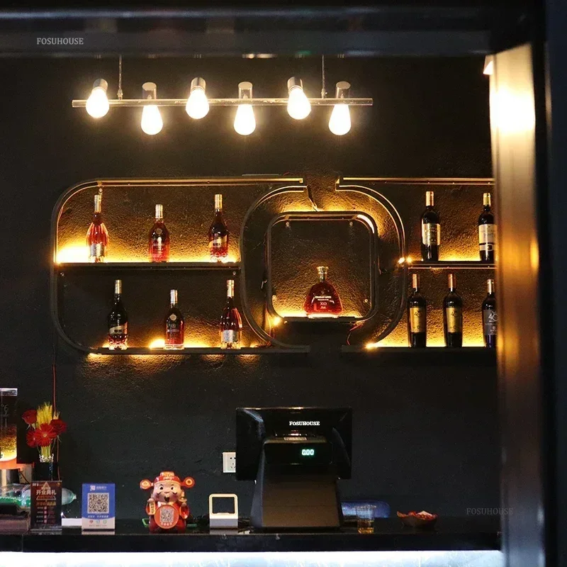 Nordic Iron Art Wine Rack for Bar Counter Display Cabinet Minimalist Creative Designer Wall-mounted Bar Cabinet with Lights XX