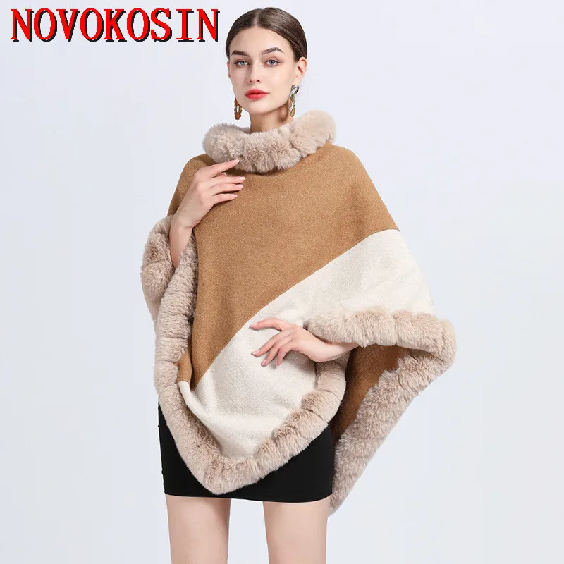 

Beige Camel Contrast Color New Loose Streetwear Poncho Cloak Winter Velvet Warm O Neck Faux Rabbit Fur Women Pullover Cape Coat