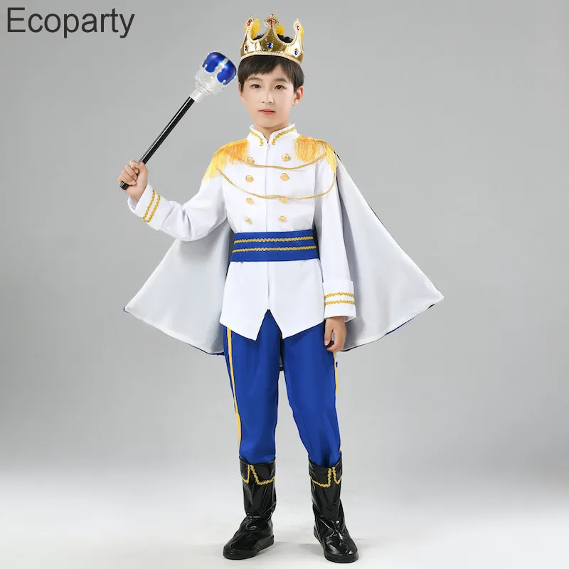 7pcs Set Kids Prince Costume Medieval King Jacket Cape Pants Crown Mace Suit Boys Halloween Party