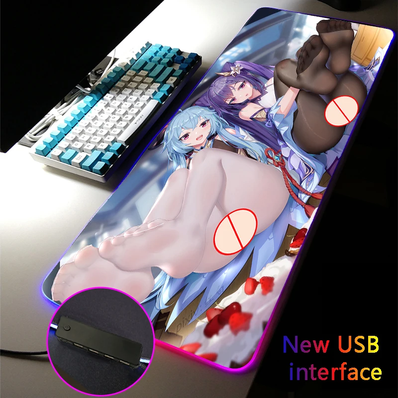 

Genshin Impact Sexy Girl Ganyu MousePad Four USB Docking RGB Mouse Pad Keqing Gaming Accessories Typec Interface Large Desk Mats