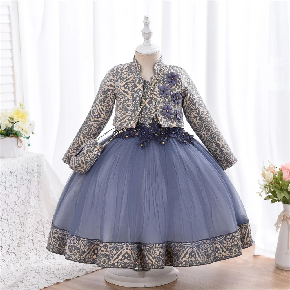

Toddler Baby Girls Pink Birthday Princess Dresses Kids Autumn/Winter Long Sleeve pearl Clothes Flower Girl Wedding Lace Dress