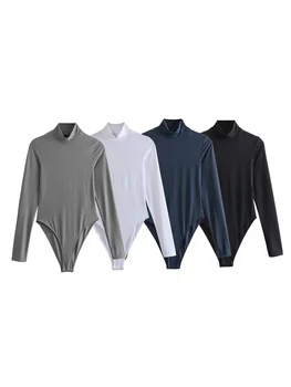 ZABA Ladies Fashion Long Sleeve Standing Neck Tight Sexy Bodysuit Vintage Half High Collar Casual Elegant Slim Bottom Shirt 1