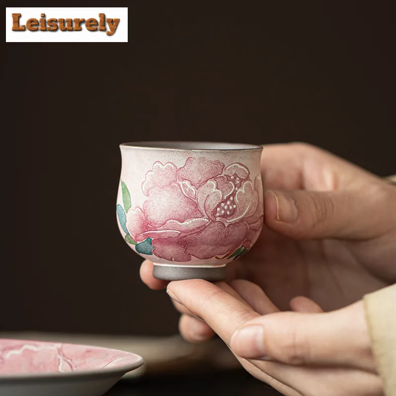 Old Rock Clay Light Makeup Peony Teacup Antique Tea Bowl Cute Cup Tea-tasting Meditation Cup Chazhan Master Cups Tea Items Gift