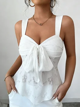 Women's Camisole Wide Strap V Neck Bow Front Eyelet Lace Fitted Tops Sweet Camisole Spring Summer Chic Camisole Daily Light Tops 1