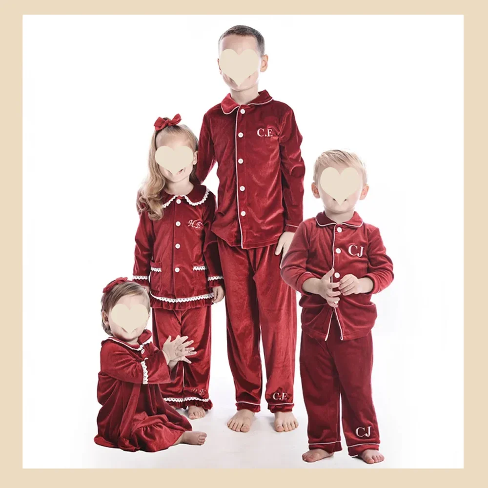 

Xmad Sibling Matching Monogram Kids Pjs Button Up Pajamas Set Toddler Girls Nightgown Velvet Sleepwear Christmas Pyjamas