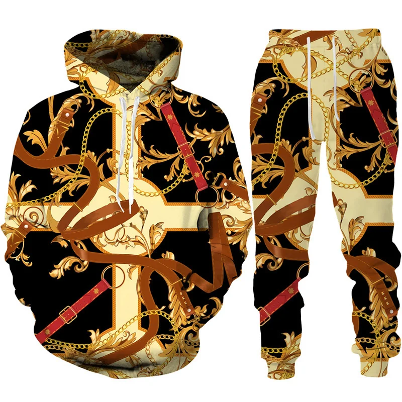 

2023 Fashion Luxury Golden Chain 3D Print Hoodie/Pants/Suit Men Women Casual Streetwear 2 Pieces Tracksuit Couple Sportswear Set
