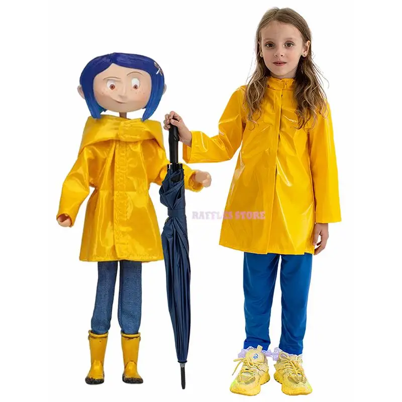 

Horror Fairytale Movies Coraline Cosplay Costume Wig Yellow Coat Secret Door Adult Kid Size Halloween Party Scary Roleplay Suit