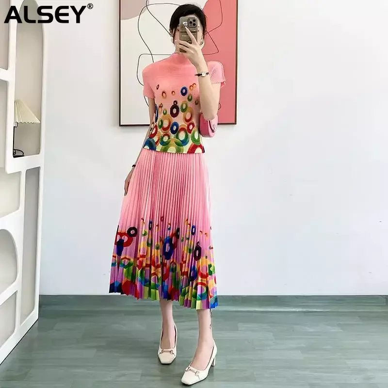 

ALSEY Miyake Pleated Suit Women's 2024 Summer New Fashion Printed Corn Pleated Slim Top Printed Skirt Two-Piece Set Suit