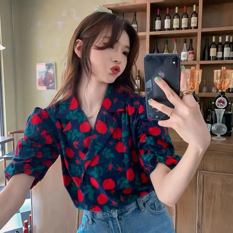 로즈 프린트 버블 소매 루즈핏 반팔 셔츠 여성 패션 여름 신상 빈티지 홍콩 스타일 탑 캐주얼 출근룩 셔츠