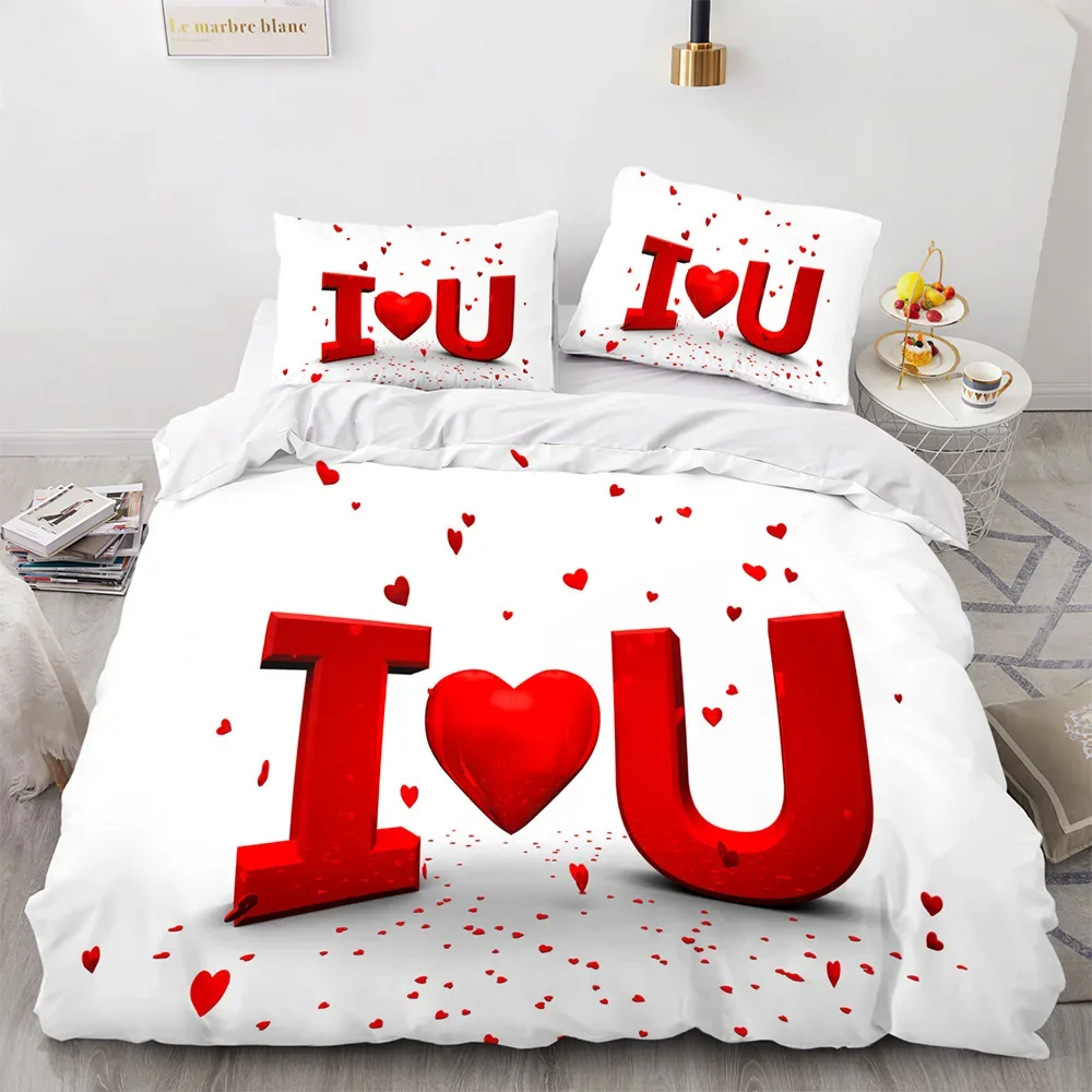 Love Duvet Cover Queen Heart Shaped Bedding Sets White Romance Polyester Comforter Cover for Women Men Boys Girls Teen King Size