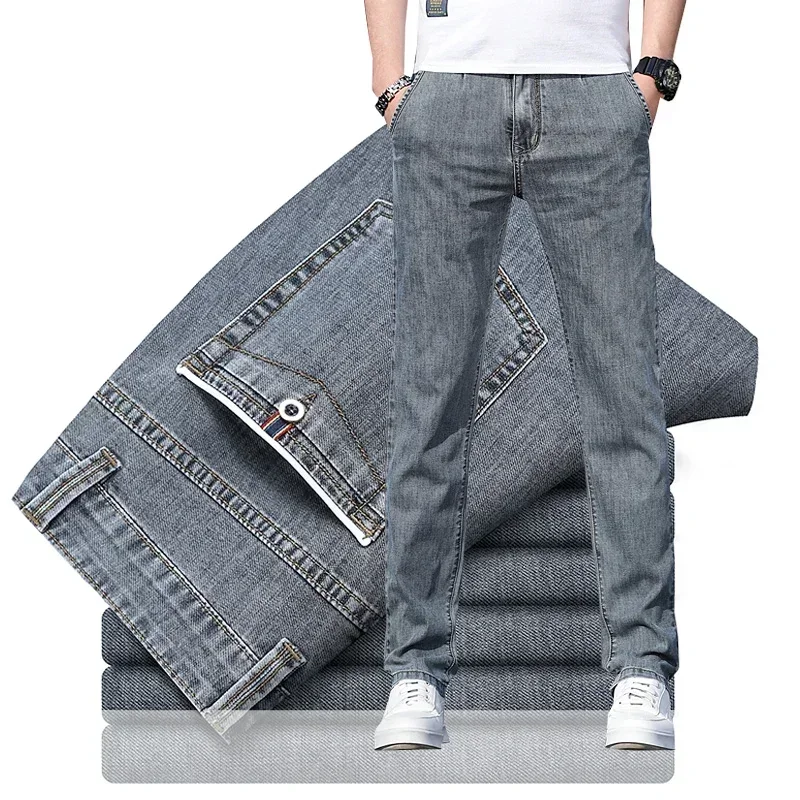 2025 Summer New Men's Loose Gray Jeans Fashion Casual Stretch Straight-leg Denim Pants Male Light Blue Men's Trousers 1